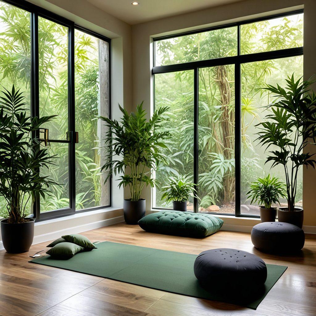 An inviting indoor scene showcasing a cozy wellness space, featuring an array of elegant cannabis accessories including vaporizers, decorative green plants, and calming essential oils. Soft light filters through a large window, illuminating a meditative corner with a yoga mat and cushions, promoting a sense of holistic health. The color palette is soothing with greens and earth tones. super-realistic. vibrant colors. natural light.