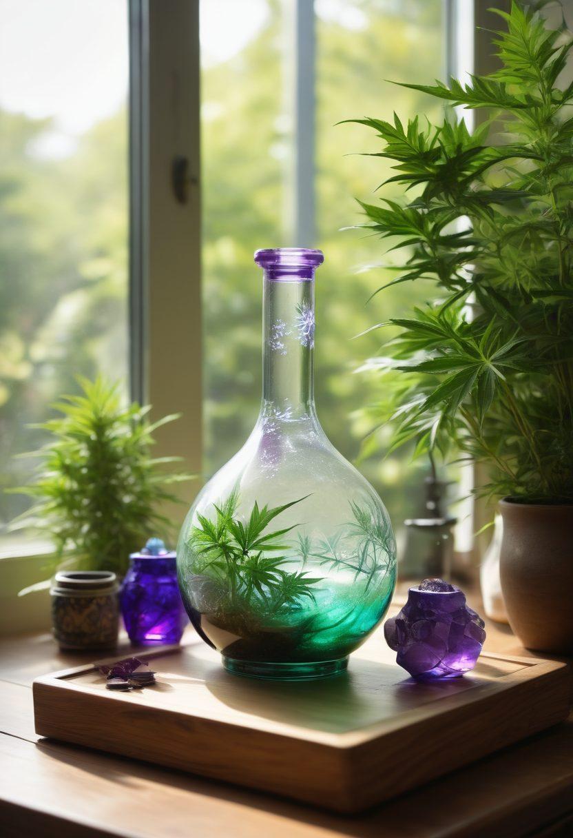 An artistic representation of a serene space filled with various therapeutic bongs made of glass, showcasing vibrant colors of green and purple cannabis leaves surrounding them. Include elements of nature like soft sunlight filtering through lush plants, a calming backdrop with gentle waves symbolizing healing. Overlay symbols of alternative medicine like herbs and crystals for a holistic feel. A peaceful, inviting atmosphere. super-realistic. vibrant colors.