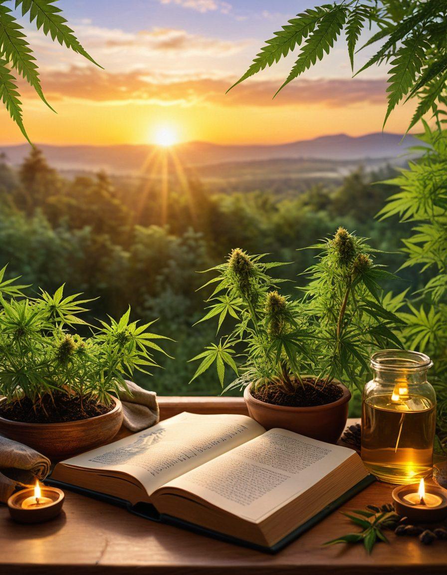 An elegant composition featuring a serene landscape with lush green cannabis plants swaying in the soft breeze, a soothing sunset in the background casting warm hues. Include an open book with herbal medicine notes, and a glass jar filled with cannabis oil prominently displayed. Soft, ethereal lighting to evoke a sense of healing and tranquility. super-realistic. vibrant colors. peaceful ambiance.